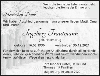 Traueranzeige von Ingeborg Trautmann (geb. Hasenkrug)  von Magdeburger Volksstimme