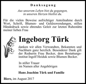 Traueranzeige von Ingeborg Türk  von Magdeburger Volksstimme