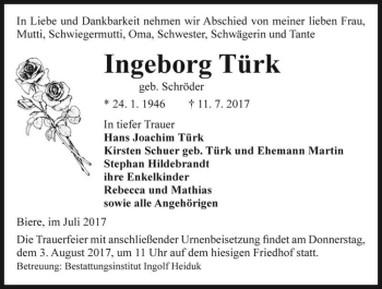 Traueranzeige von Ingeborg Türk (geb. Schröder)  von Magdeburger Volksstimme