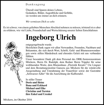Traueranzeige von Ingeborg Ulrich  von Magdeburger Volksstimme