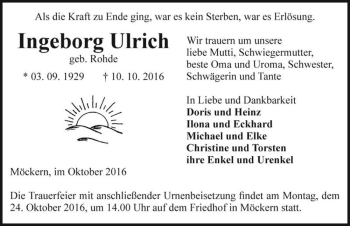 Traueranzeige von Ingeborg Ulrich (geb. Rohde)  von Magdeburger Volksstimme