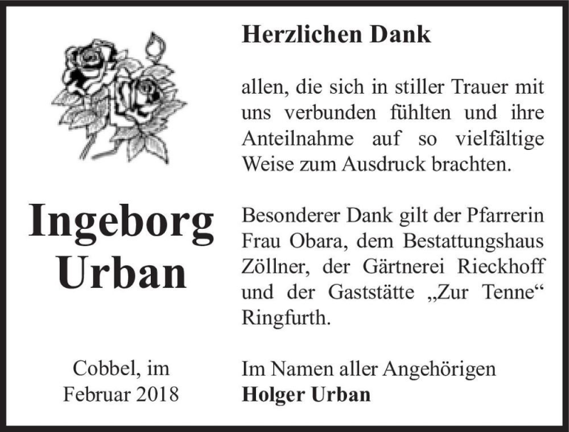  Traueranzeige für Ingeborg Urban  vom 17.02.2018 aus Magdeburger Volksstimme