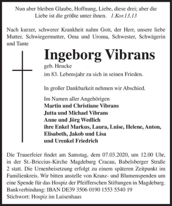 Traueranzeige von Ingeborg Vibrans (geb. Heucke)  von Magdeburger Volksstimme