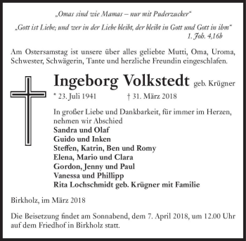 Traueranzeige von Ingeborg Volkstedt (geb. Krügner)  von Magdeburger Volksstimme