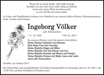 Traueranzeige von Ingeborg Völker (geb. Schumacher)  von Magdeburger Volksstimme