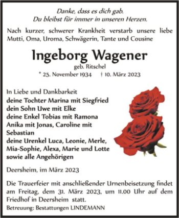 Traueranzeige von Ingeborg Wagener (geb. Ritschel)  von Magdeburger Volksstimme