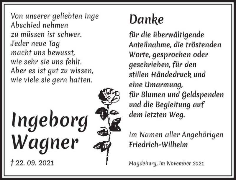  Traueranzeige für Ingeborg Wagner  vom 06.11.2021 aus Magdeburger Volksstimme
