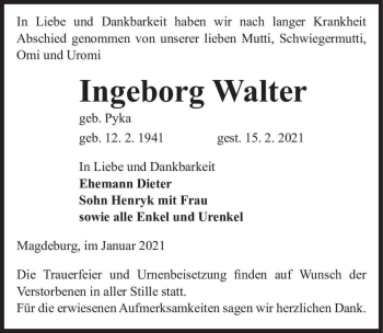 Traueranzeige von Ingeborg Walter (geb. Pyka)  von Magdeburger Volksstimme