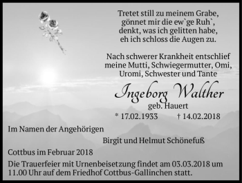 Traueranzeige von Ingeborg Walther (geb. Hauert)  von Magdeburger Volksstimme