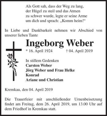 Traueranzeige von Ingeborg Weber  von Magdeburger Volksstimme