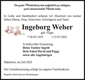 Traueranzeige von Ingeborg Weber (geb. Füger)  von Magdeburger Volksstimme