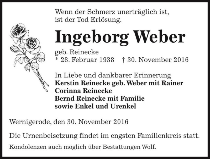  Traueranzeige für Ingeborg Weber (geb. Reinecke)  vom 05.12.2016 aus Magdeburger Volksstimme