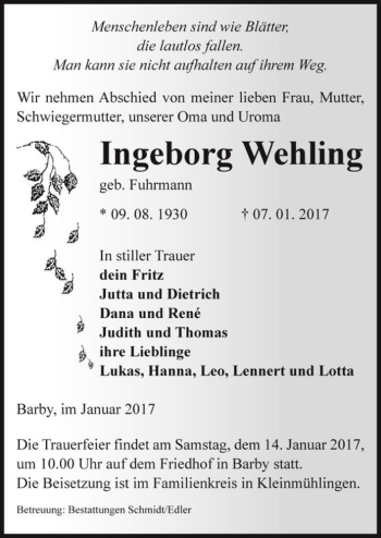 Traueranzeige von Ingeborg Wehling (geb. Fuhrmann)  von Magdeburger Volksstimme