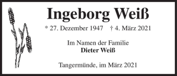 Traueranzeige von Ingeborg Weiß  von Magdeburger Volksstimme