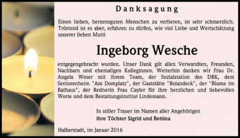 Traueranzeige von Ingeborg Wesche  von Magdeburger Volksstimme