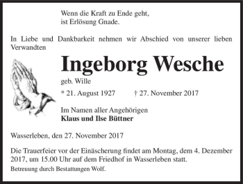Traueranzeige von Ingeborg Wesche (geb. Wille)  von Magdeburger Volksstimme