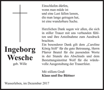 Traueranzeige von Ingeborg Wesche (geb. Wille)  von Magdeburger Volksstimme