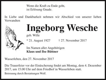 Traueranzeige von Ingeborg Wesche (geb. Wille)  von Magdeburger Volksstimme
