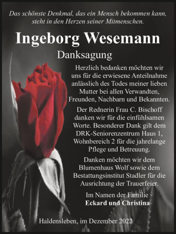 Traueranzeige von Ingeborg Wesemann  von Magdeburger Volksstimme
