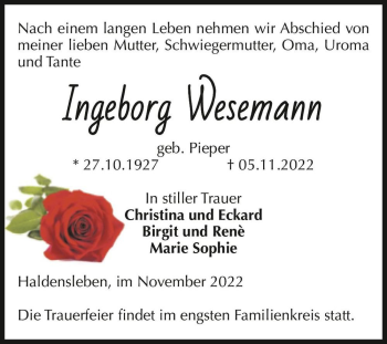 Traueranzeige von Ingeborg Wesemann (geb. Pieper)  von Magdeburger Volksstimme