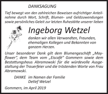 Traueranzeige von Ingeborg Wetzel  von Magdeburger Volksstimme