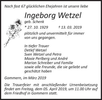 Traueranzeige von Ingeborg Wetzel (geb. Schenk)  von Magdeburger Volksstimme
