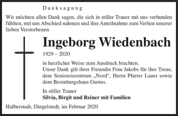 Traueranzeige von Ingeborg Wiedenbach  von Magdeburger Volksstimme