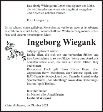 Traueranzeige von Ingeborg Wiegank  von Magdeburger Volksstimme