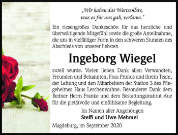 Traueranzeige von Ingeborg Wiegel  von Magdeburger Volksstimme