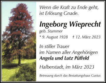 Traueranzeige von Ingeborg Wieprecht (geb. Stammer)  von Magdeburger Volksstimme