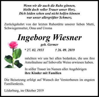 Traueranzeige von Ingeborg Wiesner (geb. Germer)  von Magdeburger Volksstimme