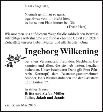 Traueranzeige von Ingeborg Wilkening  von Magdeburger Volksstimme