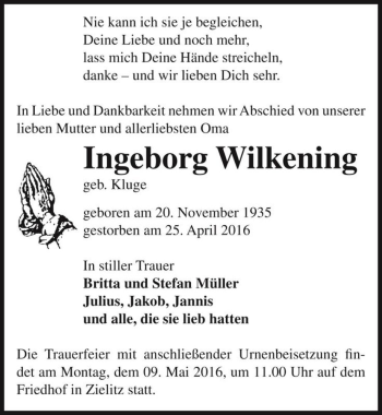 Traueranzeige von Ingeborg Wilkening (geb. Kluge)  von Magdeburger Volksstimme