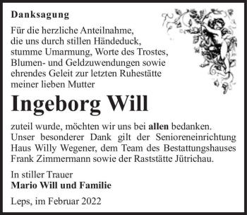 Traueranzeige von Ingeborg Will  von Magdeburger Volksstimme