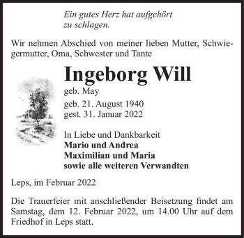 Traueranzeige von Ingeborg Will (geb. May)  von Magdeburger Volksstimme
