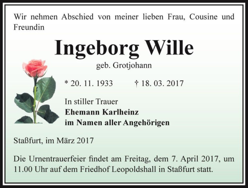  Traueranzeige für Ingeborg Wille (geb. Grotjohann)  vom 25.03.2017 aus Magdeburger Volksstimme