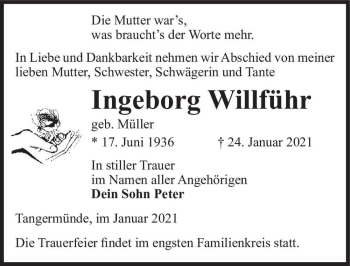 Traueranzeige von Ingeborg Willführ (geb. Müller)  von Magdeburger Volksstimme