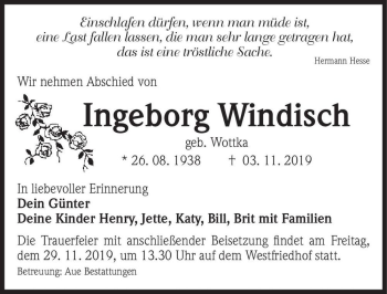 Traueranzeige von Ingeborg Windisch (geb. Wottka)  von Magdeburger Volksstimme