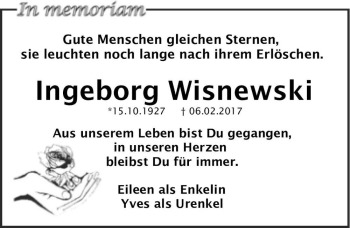 Traueranzeige von Ingeborg Wisnewski  von Magdeburger Volksstimme