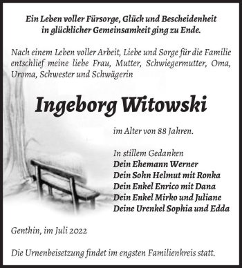 Traueranzeige von Ingeborg Witowski  von Magdeburger Volksstimme