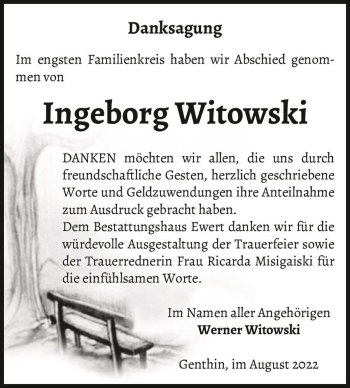 Traueranzeige von Ingeborg Witowski  von Magdeburger Volksstimme