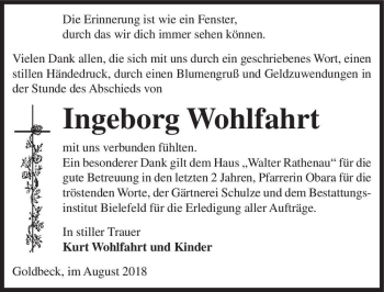 Traueranzeige von Ingeborg Wohlfahrt  von Magdeburger Volksstimme