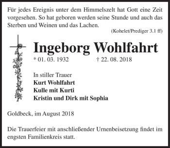 Traueranzeige von Ingeborg Wohlfahrt  von Magdeburger Volksstimme