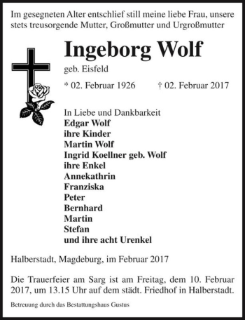 Traueranzeige von Ingeborg Wolf (geb. Eisfeld)  von Magdeburger Volksstimme