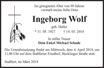 Traueranzeige von Ingeborg Wolf (geb. Heller)  von Magdeburger Volksstimme