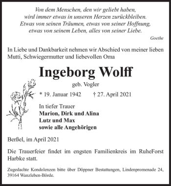 Traueranzeige von Ingeborg Wolff (geb. Vogler)  von Magdeburger Volksstimme