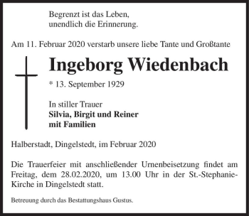 Traueranzeige von Ingeborg Wíedenbach  von Magdeburger Volksstimme