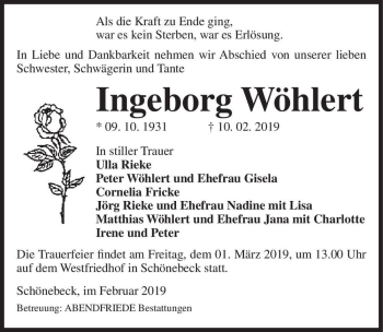 Traueranzeige von Ingeborg Wöhlert  von Magdeburger Volksstimme