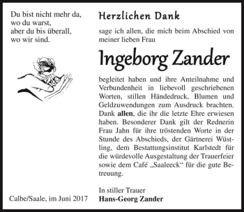 Traueranzeige von Ingeborg Zander  von Magdeburger Volksstimme
