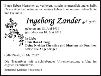 Traueranzeige von Ingeborg Zander (geb. Jahn)  von Magdeburger Volksstimme